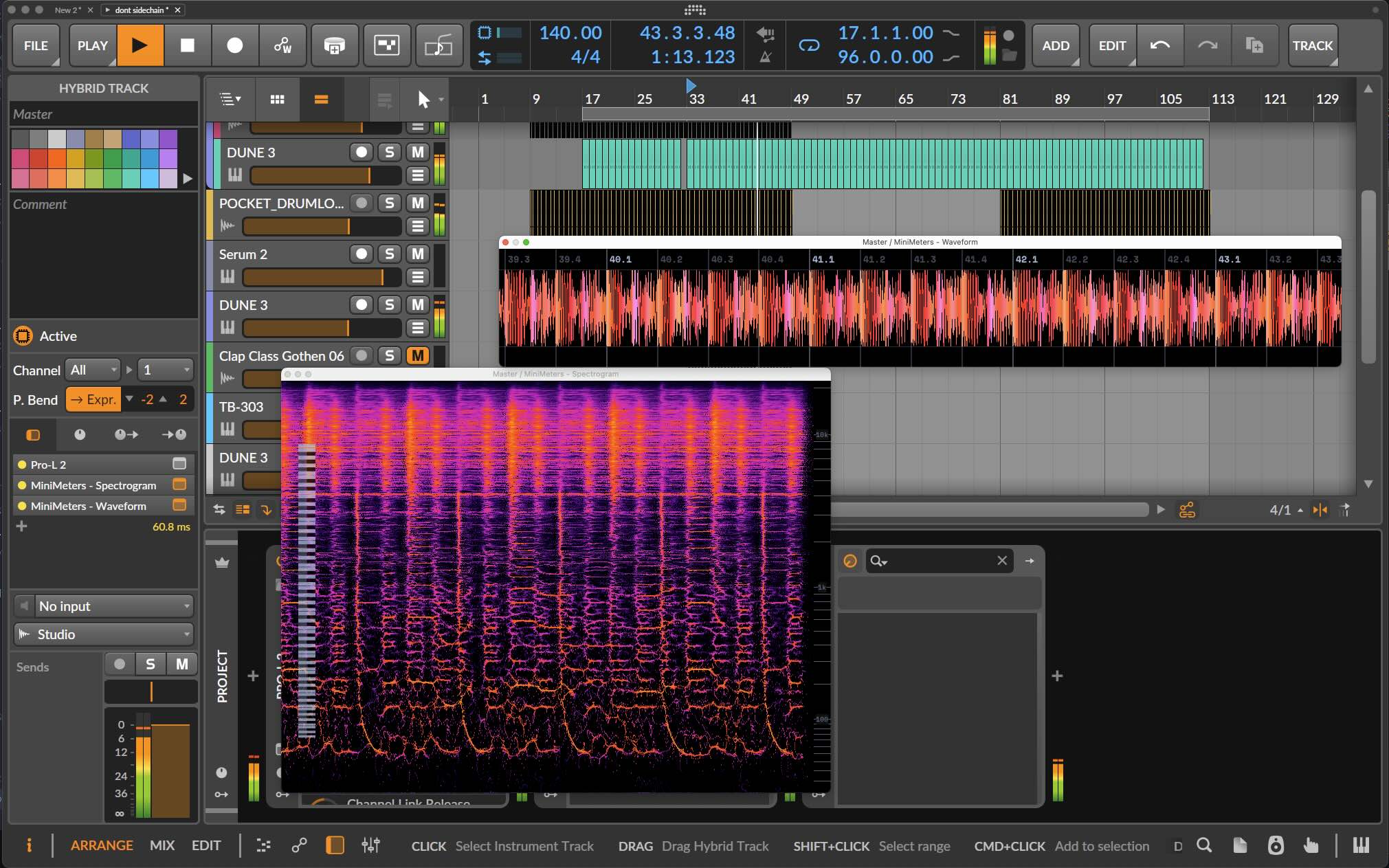 An image of the Spectrogram and Waveform modules begin hosted by Bitwig 5.